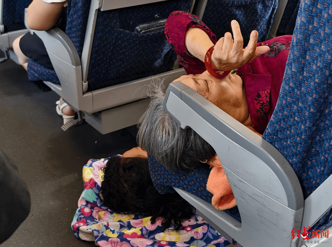 动车上，为让85岁母亲在座位上睡得更舒服，女儿躺地板休息！当事人回应